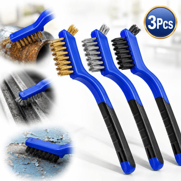 WUSI Wire Brush Set 3Pcs - Nylon/Brass/Stainless Steel Bristles with Curved Handle Grip for Rust, Dirt & Paint Scrubbing with Deep Cleaning – 7 Inches (Blue)