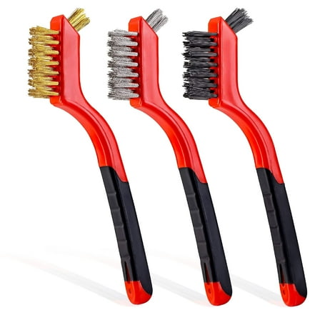 Emlimny Wire Brush Set 3Pcs - Nylon/Brass/Stainless Steel Bristles for Cleaning with Curved Handle Grip for Rust, Paint Removal, Dirt & Paint Scrubbing with Deep Cleaning – 7 Inches (Red)