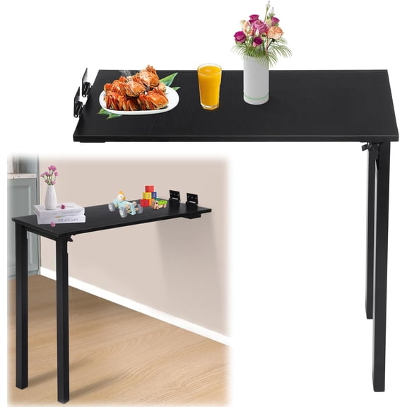 WUSILILU Wall Mounted Folding Table with Legs, 29.52 * 15.75 * 29.13in Small Folding Dining Table, Wall Mounted Foldable Desk for Small Space, Laundry, Dining Room, Bedroom, Home Office (Black)