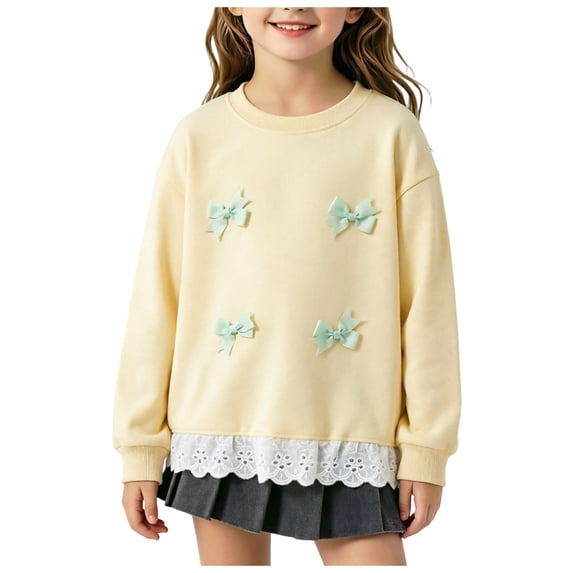 WUSUOWEI Kids Crewneck Sweatshirt Long Sleeve Pullover Top Fall Round Neck Blouse Hollow Lace Ruffle Hem Elastic Knit Spring Casual Blouse 11-13 Years