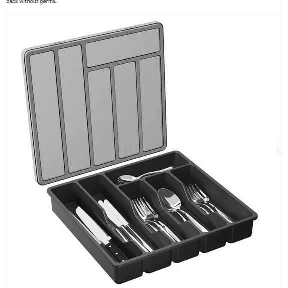 WUSUOWEI Silverware Organizer with Lid for Kitchen Drawer Countertop Utensil Tray 6 Compartments Cutlery and Flatware Storage Box for Spoons ForksKnives Holder Case,Gray 12.6x11.8"