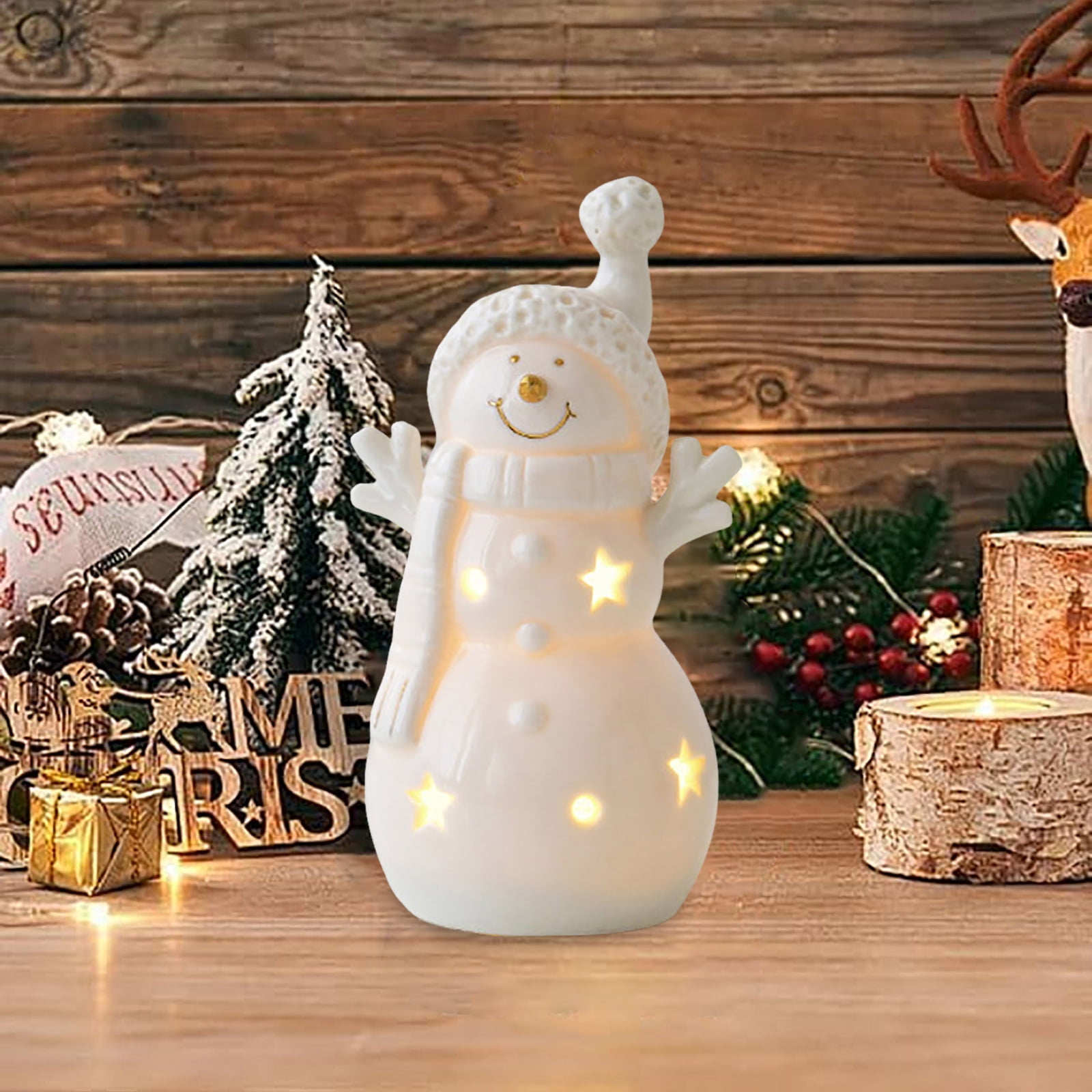 WUSUOWEI Snowman Figruine Lighted Ceramic Christmas Tree Snowman Decor ...