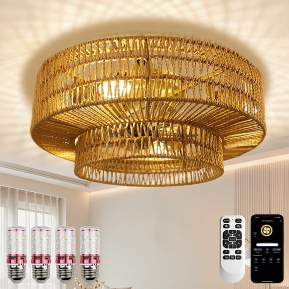 WUTGHUI Boho Ceiling Fan with Light and Remote,Rattan Fandelier Ceiling Fan with Light with 3 Mode Lighting and E26 Bulbs for Bedroom, Nursery, Garage (Yellow)