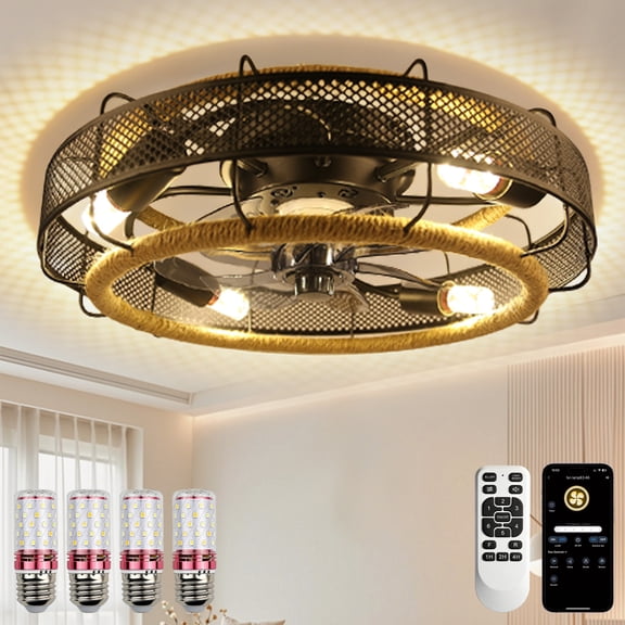 WUTGHUI Boho Rattan Ceiling Fans with Lights Flush Mount, 20 Inch Caged Low Profile Ceiling Fans with 3 Mode Lighting and Remote Control with E26 Bulbs for Bedroom, Nursery, Garage (Black)