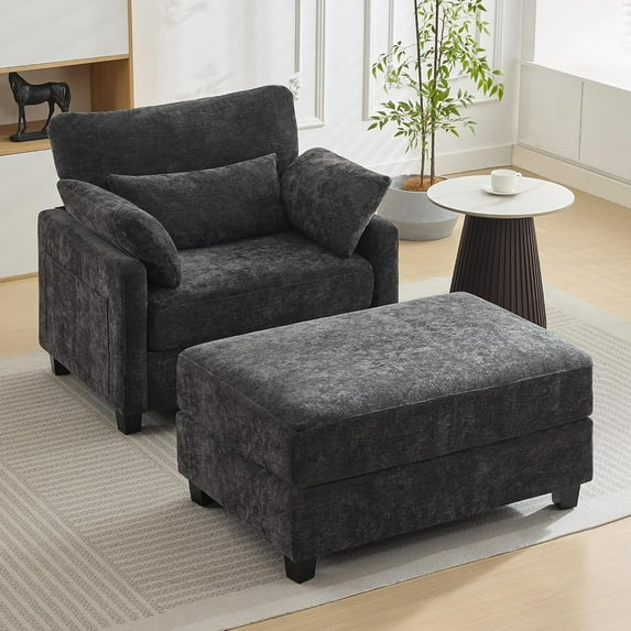 WUTUTUEE 57.5" Oversized Chaise Lounge with Ottoman, Chenille Upholstered Comfy Sleeper Chair for Living Room, Bedroom & Office, Grey