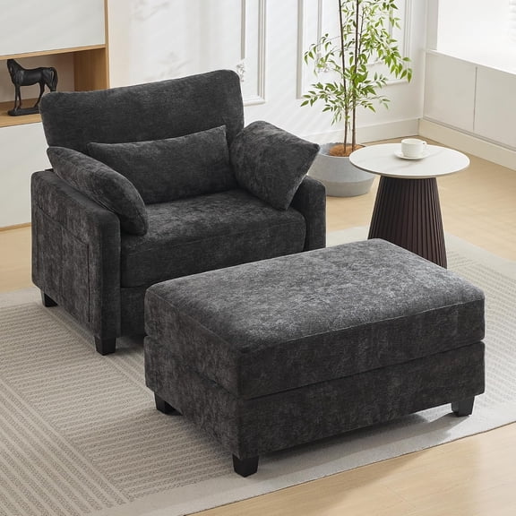 WUTUTUEE 57.5" Oversized Chaise Lounge with Ottoman, Chenille Upholstered Comfy Sleeper Chair for Living Room, Bedroom & Office, Grey