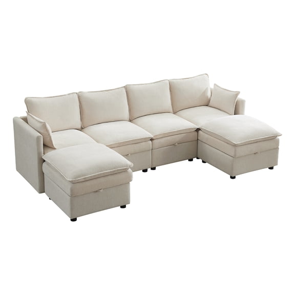 WUTUTUEE Cloud Modular 4-Seater Sofa with 2 Storage Ottomans, Modern Upholstered Chenille U-Shape Sectional Sofa with Armrests for Living Room, Beige