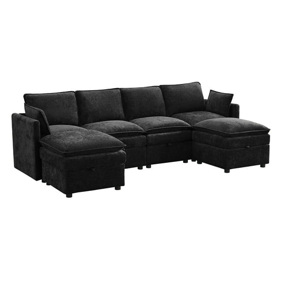 WUTUTUEE Cloud Modular 4-Seater Sofa with 2 Storage Ottomans, Modern Upholstered Chenille U-Shape Sectional Sofa with Armrests for Living Room, Black
