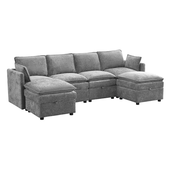 WUTUTUEE Cloud Modular 4-Seater Sofa with 2 Storage Ottomans, Modern Upholstered Chenille U-Shape Sectional Sofa with Armrests for Living Room, Gray