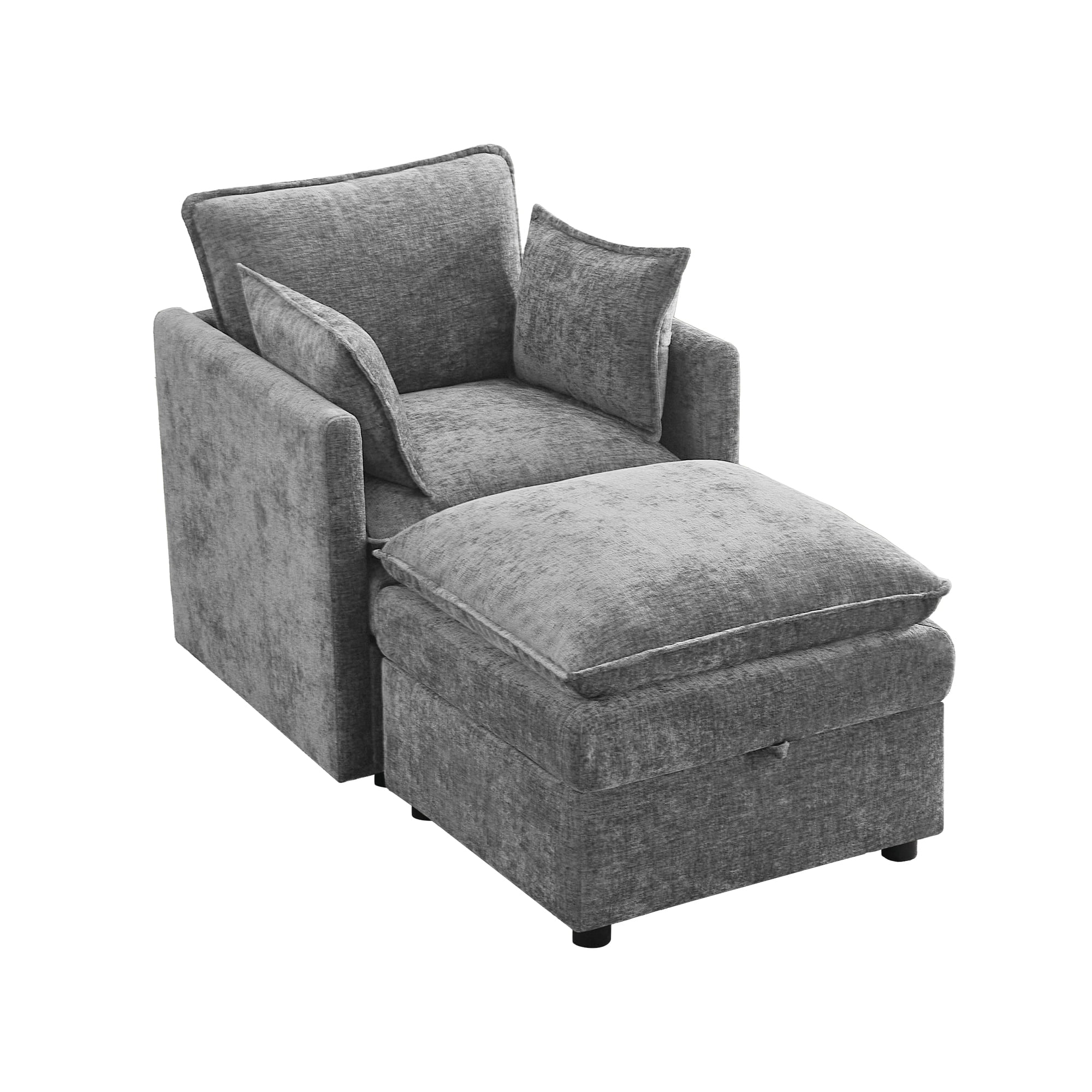 WUTUTUEE Cloud Modular Single Sofa Chair with Storage Ottoman, Modern Upholstered Chenille Accent Chair for Living Room, Bedroom, Small Space, Gray