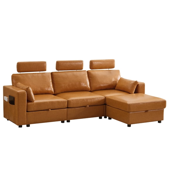 WUTUTUEE L-Shaped Sectional Sofa with Storage Ottoman, Adjustable Headrests & Side Pockets, 3-Seater Faux Leather Cloud Couch, Brown
