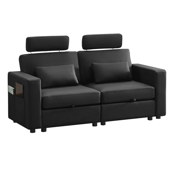 WUTUTUEE Loveseat for Two with Storage, Faux Leather Cloud Couch with Adjustable Headrests & Side Pockets, Compact Sofa for Small Spaces, Black