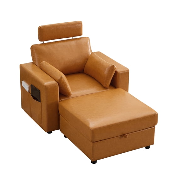 WUTUTUEE Single Chaise Lounge with Storage Ottoman, Adjustable Headrest & Side Pocket, Faux Leather Cloud Seat, Brown