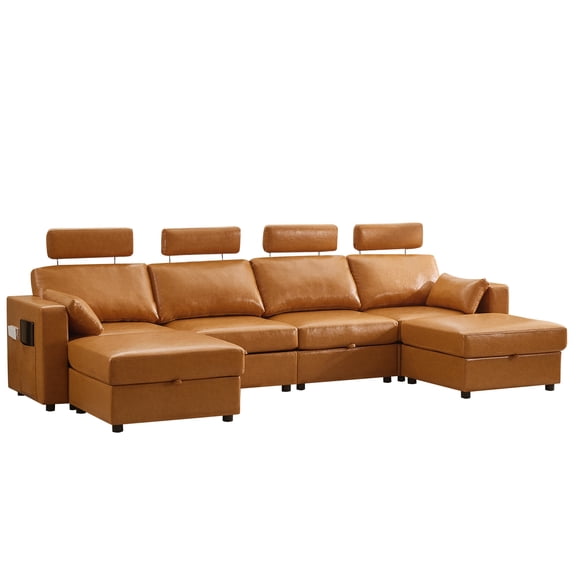 WUTUTUEE U-Shaped Sectional Sofa with 2 Storage Ottomans, Adjustable Headrests & Side Pockets, 4-Seater Faux Leather Cloud Couch, Brown