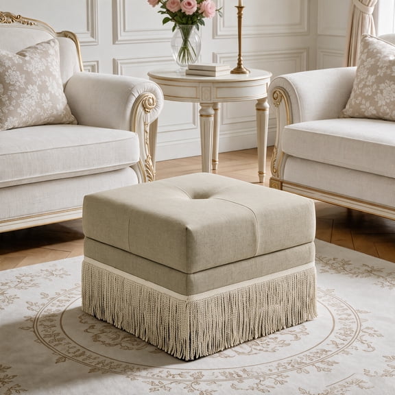 WUTUTUEE Upholstered Ottoman with Fringe Trim, Tufted Cushion, Wooden Legs and Safety Support Hinge