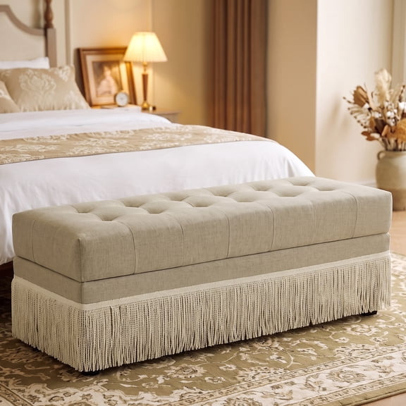WUTUTUEE Upholstered Ottoman with Fringe Trim, Tufted Cushion, Wooden Legs and Safety Support Hinge