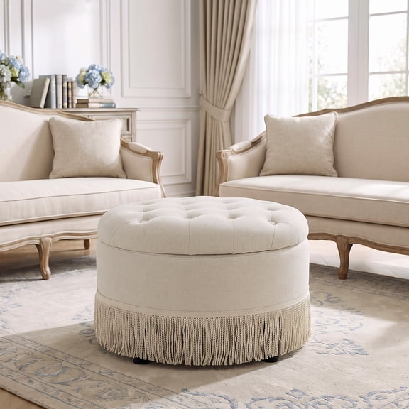 WUTUTUEE Upholstered Ottoman with Fringe Trim, Tufted Cushion, Wooden Legs and Safety Support Hinge