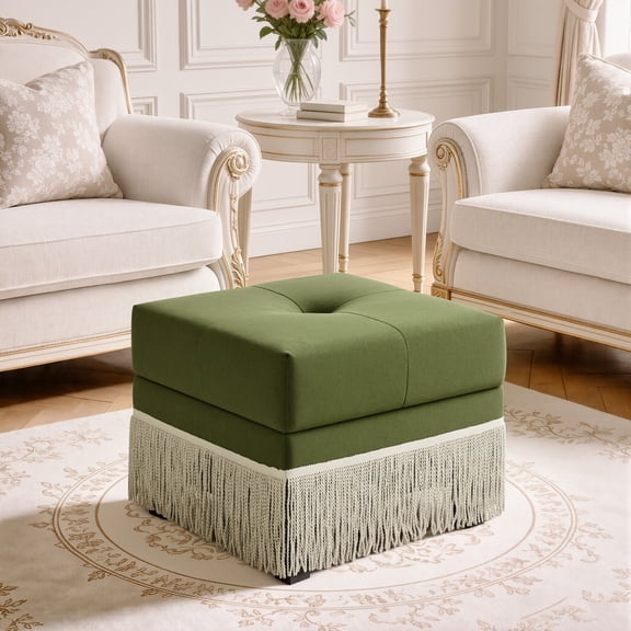 WUTUTUEE Upholstered Ottoman with Fringe Trim, Tufted Cushion, Wooden Legs and Safety Support Hinge