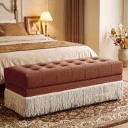WUTUTUEE Upholstered Ottoman with Fringe Trim, Tufted Cushion, Wooden Legs and Safety Support Hinge