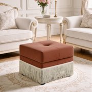 WUTUTUEE Upholstered Ottoman with Fringe Trim, Tufted Cushion, Wooden Legs and Safety Support Hinge