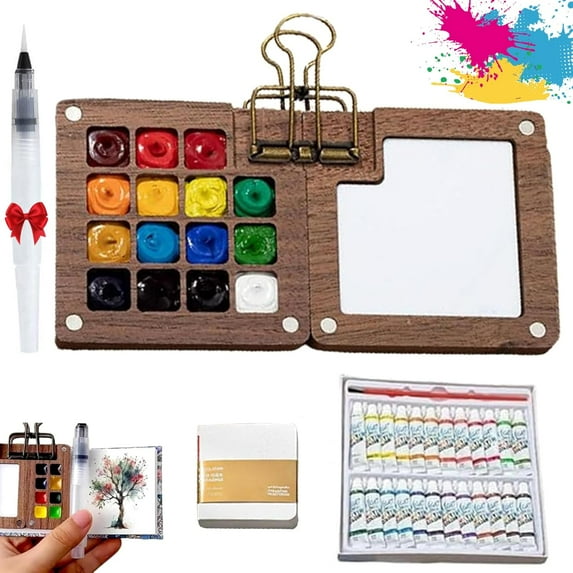 Tobios Mini Watercolor Set – Wooden Travel Palette with 24 Colors