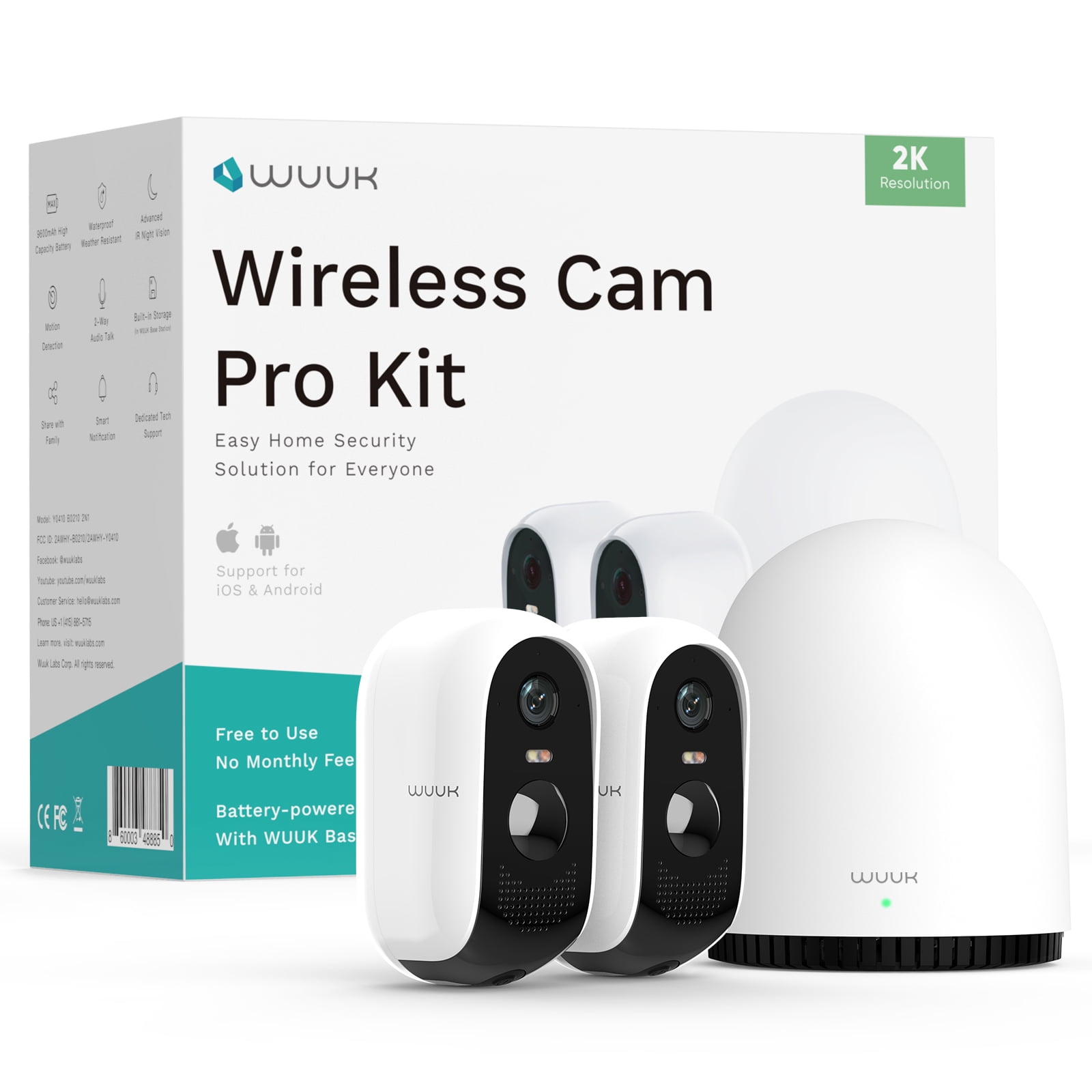 WUUK 2K Outdoor Wireless Security Camera with Free 32GB Local Storage Base Station, Battery