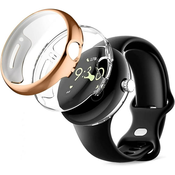 WUWOCJ 2 Pack Screen Protector Case Compatible with Google Pixel Watch 2022, Shockproof Soft TPU Scratch Resistant Full Cover Protective Case Cover (Rose Gold/Clear)