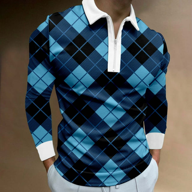 WUWUQF Men's Long Sleeve Polo Shirts Male Lozenge Print T-Shirt Turn ...
