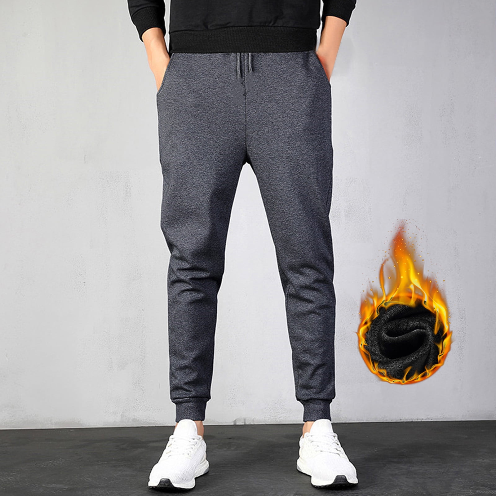 WUWUQF Men's Pants Casual Warm Solid Full Length Leggings Plush Pocket ...