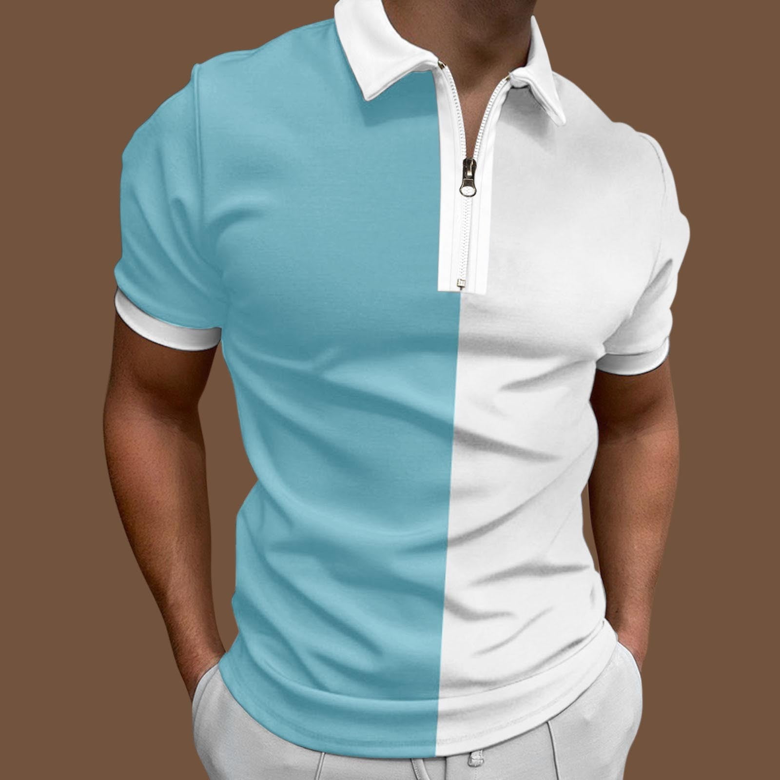 WUWUQF Polo Shirts for Men Male Casual Splicing Print Zipper Turn Down ...