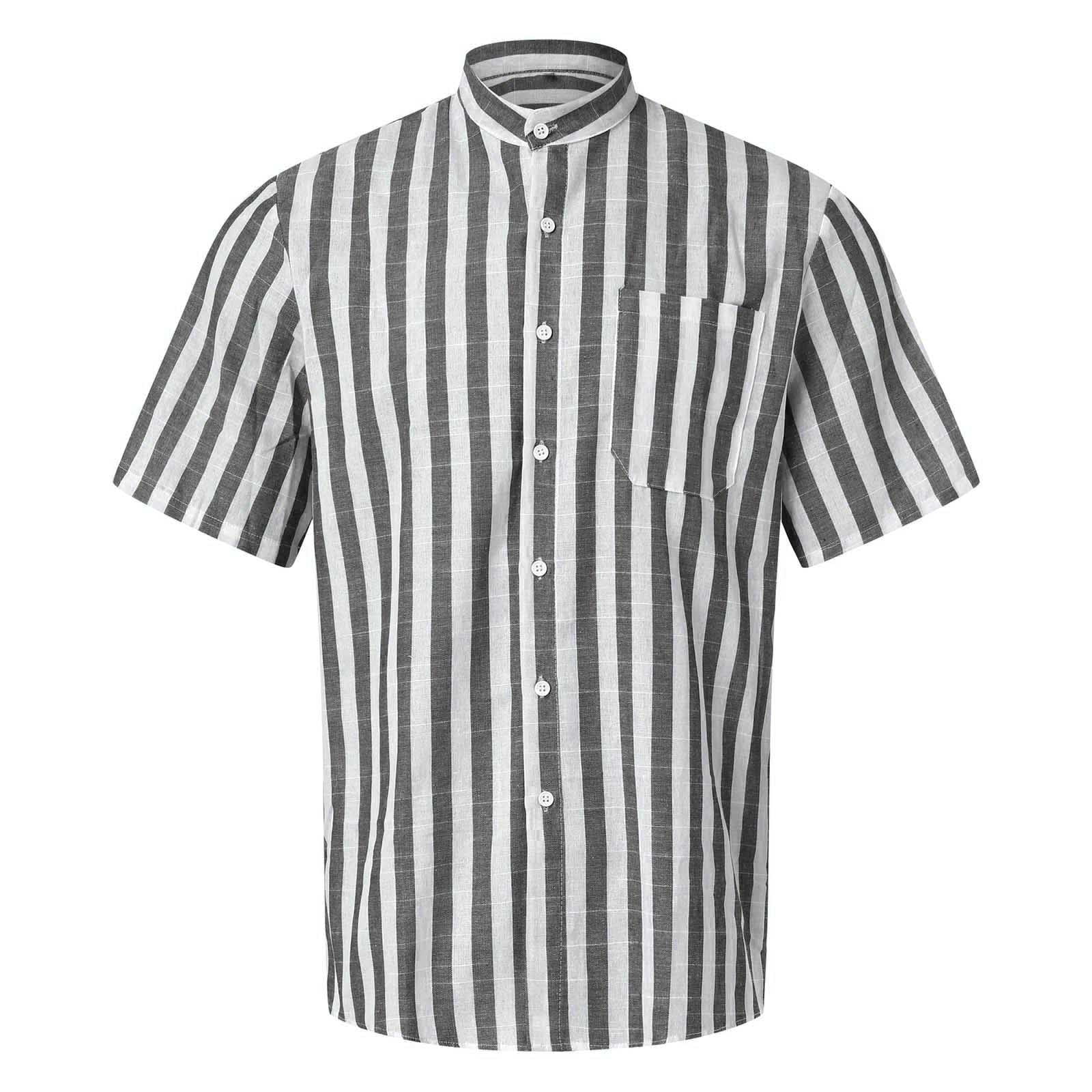 WUWUQF Short Sleeve Beach Shirts for Men, Striped Buckle Collar Pocket