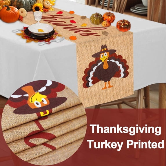 WUXIAB 13X72 Thanksgiving Table Runner,Burlap Rustic Table Decor,'Give Thanks' Turkey Design,Fall Harvest Party Decor,Family Gathering Table Runner,Reusable Burlap Runner,Vintage Festive Table Linen