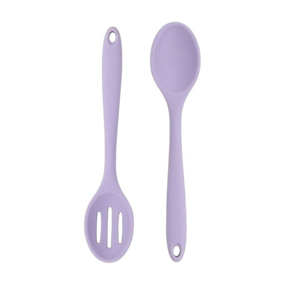 WUXIAB 2Pc Kitchen Silicone Cooking Spoon,Purple 7.95In Heat-Resistant Silicone Spoon Set Solid & Slotted Spoon,Heat Resistant Silicone Spoons,Nonstick Utensils For Basting Stirring Baking & Cookware