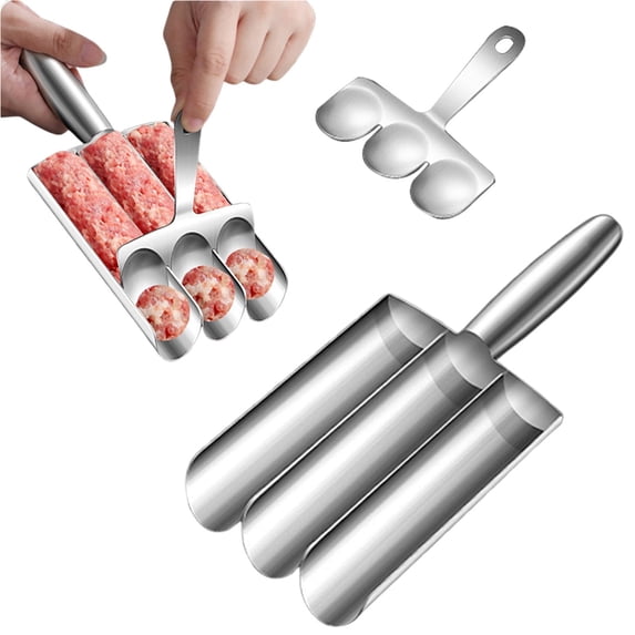 WUXIAB 304 Stainless Steel Meatball Maker Tool,Channel Manual Meatball Spoon With Cutting Spade,Meatball Making Set,Restaurant Must-Have Utensil,Non-Stick Portable Kitchen Tool For Home 3-Tube 8.86"