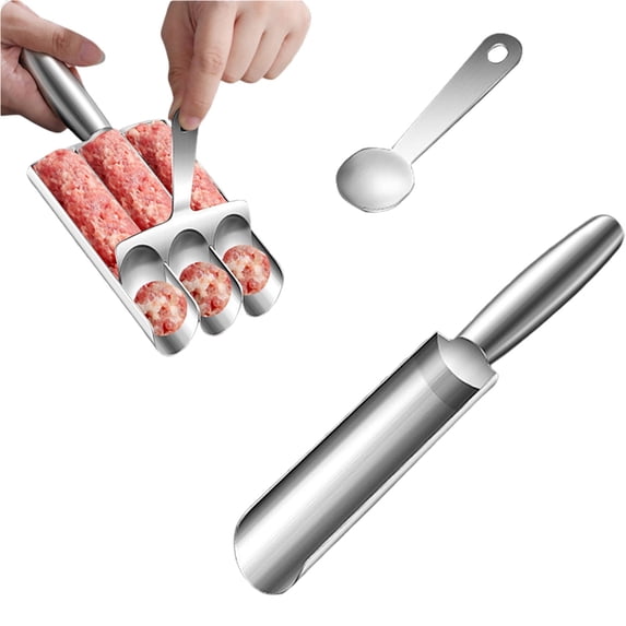 WUXIAB 304 Stainless Steel Meatball Maker Tool,Channel Manual Meatball Spoon With Cutting Spade,Meatball Making Set,Restaurant Must-Have Utensil,Non-Stick Portable Kitchen Tool For Home 1-Tube 8.86"