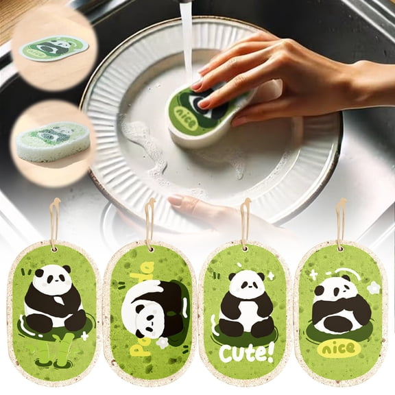WUXIAB 4Pc Cute Panda Wood Pulp Cleaning Sponge,Thickened Biodegradable Dishwashing Tool,High Absorbency Scratch-Resistant Sponge,Oil-Resistant Easy-Rinse Kitchen Cleaner,Hanging Ring Dish Sponge