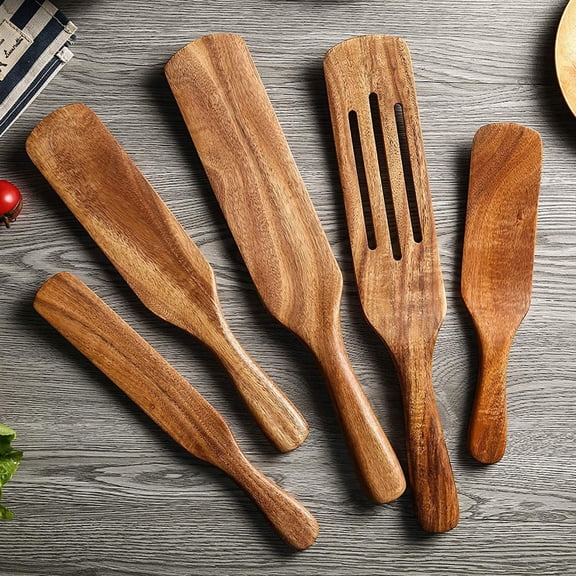 WUXIAB 5-Piece Natural Wood Cooking Utensil Set,Non-Stick Safe Spatulas,Food-Safe Wooden Tools,Rice Paddle,Ergonomic Grip,Durable Kitchen Utensils,Stir Fry Serving Tools,Eco-Friendly Cookware Version