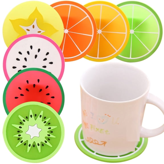 WUXIAB 7Pc Fruit Drink Coaster,Cup Mat Placemat,3.5" Mini Table Protection Pad,Pvc Anti-Slip Mat,Fruit Slice Pattern Home Kitchen Living Room,Housewarming Daily Gift,Bar Cafe Office Desk Decoration