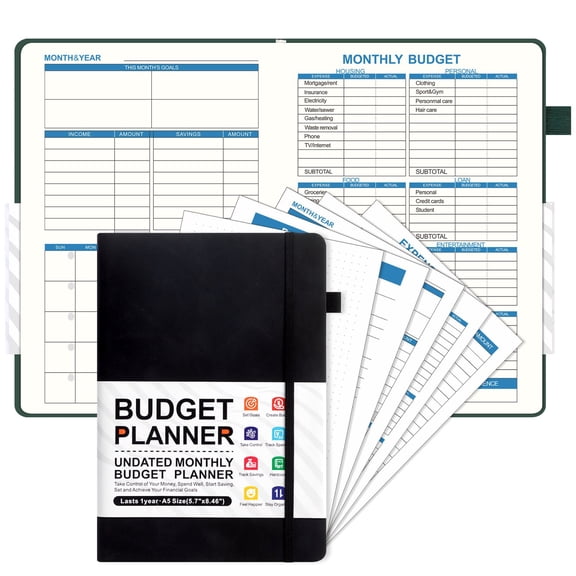 WUXIAB A5 Budget Planner Notebook,Undated Expense Tracker With Envelopes,Tear-Out Savings Dot-Grid Planner,Color-Coded Financial Budget Notebook,Rfid-Blocking Pu Leather Budget Planner,Black
