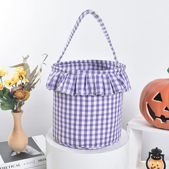 WUXIAB Colorful Striped Halloween Basket, Checkered Pattern Holiday Decor Storage Bin, Farmhouse Tartan Lattice Reusable Candy Bucket, Foldable Candy Storage Bucket
