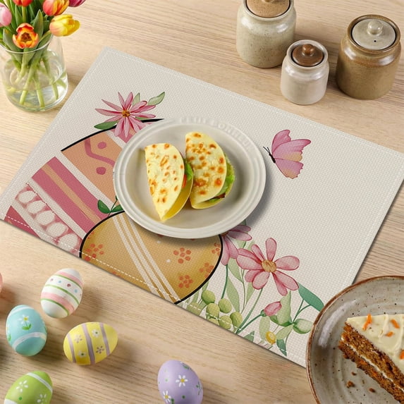 WUXIAB Fabric Table Mat,Daily Table Mat,Spring Theme Mat,Spring Table Cover,12x18 Inch Easter Placemat Set of 4,Bunny Riding Rainbow Egg Hot Air Balloon Design,Spring Holiday Table Mats