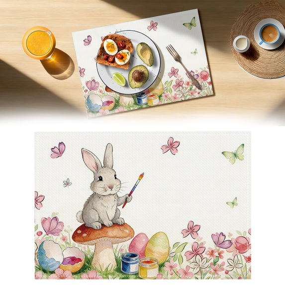WUXIAB Kitchen Table Mat,Easter Table Setting,Countertop Mat,Spring Party Mat,Universal Table Mat,12x18 Inch Easter Placemat,Single Bunny Painting Easter Eggs Design,Spring Holiday Table Mat