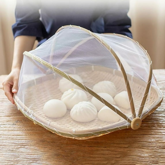 WUXIAB Multi-Purpose Bamboo Basket,Hand-Woven Food Tent,Indoor-Outdoor Serving Basket,Ventilated Fruit Vegetable Storage Keeper,Mesh Gauze Bug Stopper,Picnic Food Cover,Non-Toxic Reusable Basket Mm