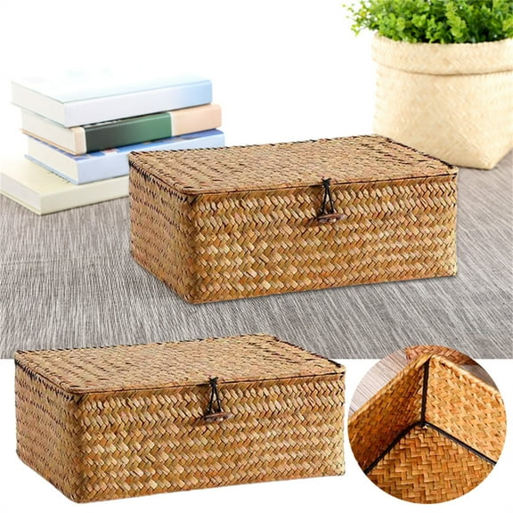 WUXIAB Natural Grass Storage Baskets For Organizing,Rectangular Woven Storage Basket,Wicker Storage Basket With Lid,Decorative Boxes Bins With Lids Home Organizer Decor(6.3"*10.2"*3.9")