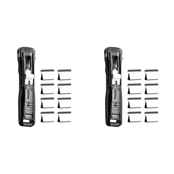 WUXIAB Portable Office Fastener,Handheld Push Clip Tool,Paper File Binding Clip,Portable Clip Stapler,2-Pack One-Slide Quick Binding Tools with 16 Reusable Stainless Clips,for Home Classroom,Black