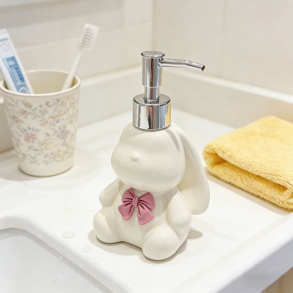 WUXIAB Rabbit Design Soap Dispenser,Animal Shape Soap Pump,Sink Soap Dispenser,Daily Use Dispenser,Cute Rabbit Shaped Ceramic Soap Dispenser,10 Oz HLotion Pump Bottle for Bathroom Countertop,White