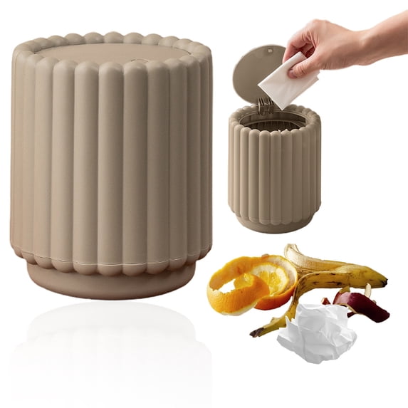 WUXIAB Ribbed Desktop Trash Can,Lid-Equipped Compact Wastebasket,Space-Saving Table Counter Trash Can,Kitchen Bathroom Dorm Trash Can,Lid-Equipped Odor-Controlling Tiny Desktop Garbage Bin Gray