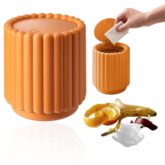 WUXIAB Ribbed Desktop Trash Can,Lid-Equipped Compact Wastebasket,Space-Saving Table Counter Trash Can,Kitchen Bathroom Dorm Trash Can,Lid-Equipped Odor-Controlling Tiny Desktop Garbage Bin Orange
