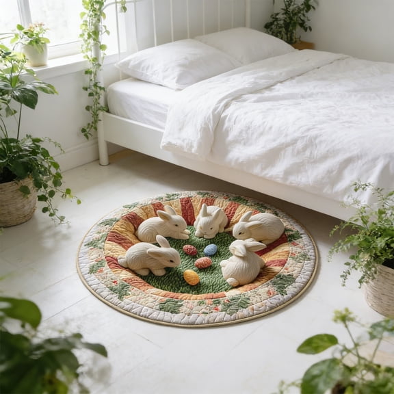 WUXIAB Round Rabbit Mat,Entryway Round Rug,Round Home Floor Mat,Custom Easter Bunny Round Rug,15.7 Inch 3D Visual Effect Carpet with Quilted Pattern,Soft Area Mat for Home Spring Decor,Multicolor
