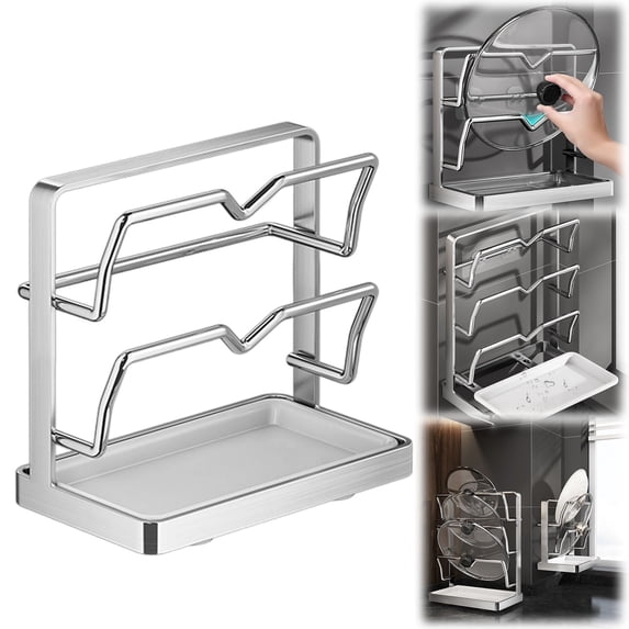WUXIAB Stainless Steel 2-In-1 Pot Lid Holder,Stovetop Spoon Rest Kitchen Organizer,Drip-Catching Tray Countertop Rack,Heat-Resistant Cooking Tool Holder,Space-Saving Small Kitchen Counter Storage